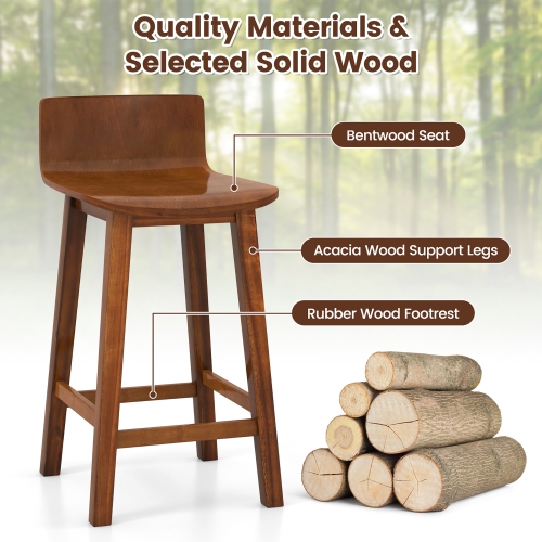 Gymax 24.5'' Solid Wood Bar Stools Set of 4 Home Counter Kitchen Stools w/ Low Backrest & Footrest
