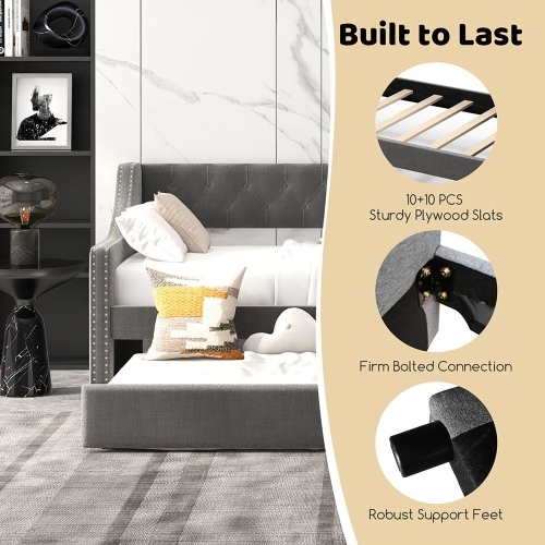 Gymax Twin Size Daybed w/ Trundle wingback Armrests & Button Tufted Backrest