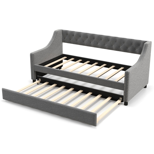 Gymax Twin Size Daybed w/ Trundle wingback Armrests & Button Tufted Backrest