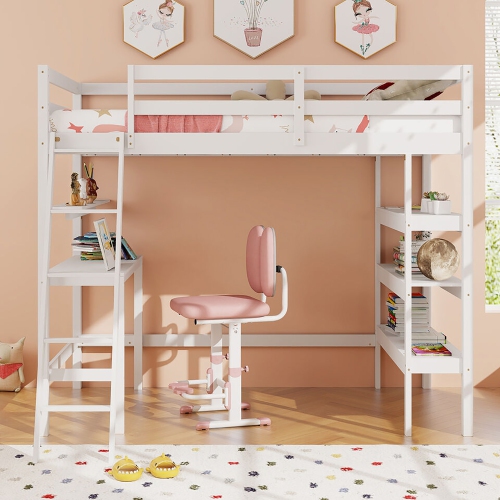 Gymax Twin Size Solid Wood Loft Bed w/ Desk & Bookshelves Ladder & Guardrails