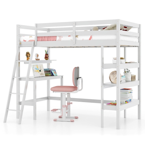 Gymax Twin Size Solid Wood Loft Bed w/ Desk & Bookshelves Ladder & Guardrails