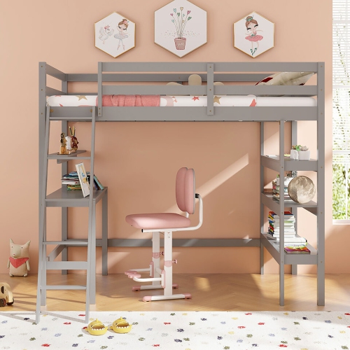 Gymax Twin Size Solid Wood Loft Bed w/ Desk & Bookshelves Ladder & Guardrails