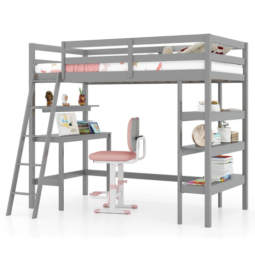 Gymax Twin Size Solid Wood Loft Bed w/ Desk & Bookshelves Ladder & Guardrails