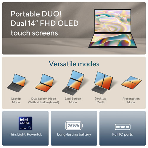 ASUS Zenbook DUO 14" OLED Touchscreen Laptop - Grey (Intel Core Ultra 7 EVO/1TB SSD/16GB RAM) - En