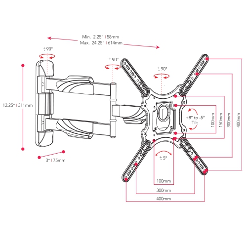 CorLiving Full-Motion X-frame Wall Mount for 23" - 55" TVs