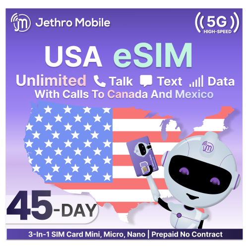 Jethro Mobile Prepaid USA Travel eSIM card, 4G LTE High-Speed Data, Unlimited Talk and Text, No Contract, 45 Days