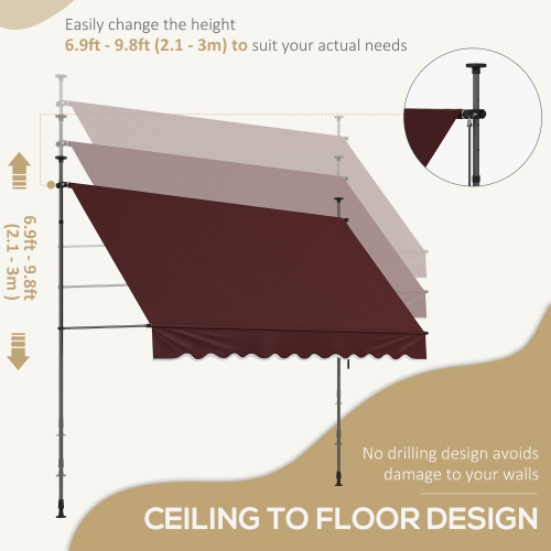 Outsunny 10' x 3' Manual Retractable Awning, Non-Screw Freestanding Patio Sun Shade Shelter with Support Pole Stand and UV-resistant fabric for