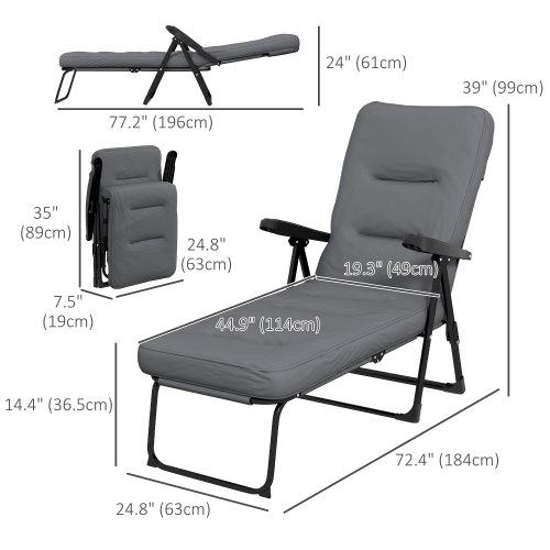 Outsunny Outdoor Lounge Chair with Padded Cushion, Folding Reclining Patio Garden Chair with Recline Back, Footrest, for Poolside, Patio, Light Grey