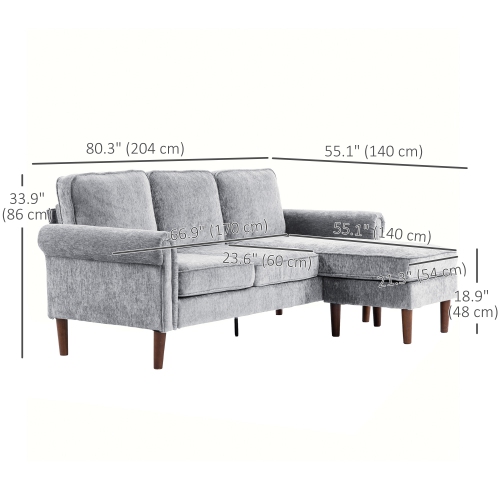 HOMCOM Sectional Sofa with Changeable Chaise Lounge, 3-Seater Chenille Upholstery Couch with Wooden Legs, Modern L Shape Corner Sofa for Living Room,