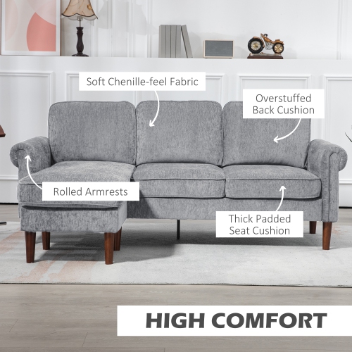 HOMCOM Sectional Sofa with Changeable Chaise Lounge, 3-Seater Chenille Upholstery Couch with Wooden Legs, Modern L Shape Corner Sofa for Living Room,