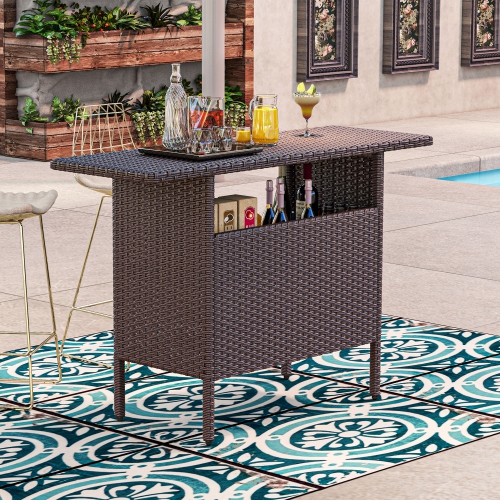 Outsunny 55" Rattan Bar Table, Bar Height Patio Table with 2 Storage Shelves and Steel Frame, Garden Wicker Table for Outdoor, Lawn, Backyard, Brown