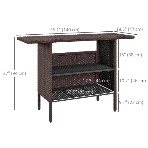 Outsunny 55" Rattan Bar Table, Bar Height Patio Table with 2 Storage Shelves and Steel Frame, Garden Wicker Table for Outdoor, Lawn, Backyard, Brown