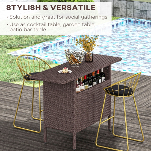 Outsunny 55" Rattan Bar Table, Bar Height Patio Table with 2 Storage Shelves and Steel Frame, Garden Wicker Table for Outdoor, Lawn, Backyard, Brown