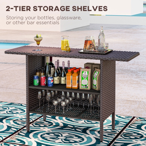Outsunny 55" Rattan Bar Table, Bar Height Patio Table with 2 Storage Shelves and Steel Frame, Garden Wicker Table for Outdoor, Lawn, Backyard, Brown