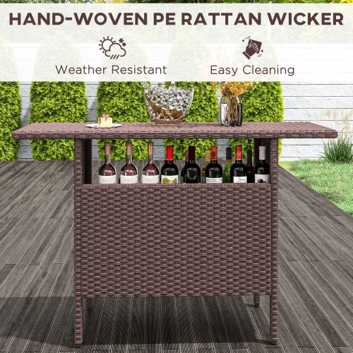 Outsunny 55" Rattan Bar Table, Bar Height Patio Table with 2 Storage Shelves and Steel Frame, Garden Wicker Table for Outdoor, Lawn, Backyard, Brown
