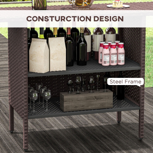 Outsunny 55" Rattan Bar Table, Bar Height Patio Table with 2 Storage Shelves and Steel Frame, Garden Wicker Table for Outdoor, Lawn, Backyard, Brown