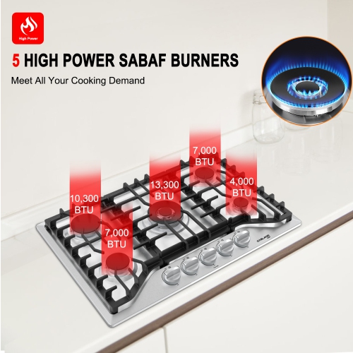 GASLAND 30" 5 Burners NG/LPG Convertible Gas Cooktop, Max 13,000 BTU Burner- Stainless Steels
