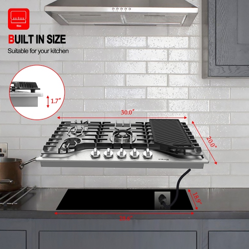 GASLAND 30" 5 Burners NG/LPG Convertible Gas Cooktop, Max 13,000 BTU Burner- Stainless Steels