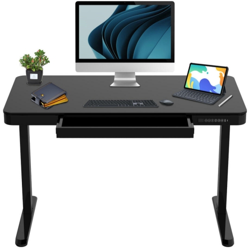 Bureau debout électrique 47x24 po, bureau d'ordinateur assis/debout à hauteur réglable avec tiroir, poteaux USB pour bureau à domicile