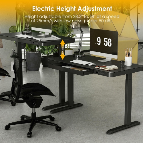 Bureau debout électrique 47x24 po, bureau d'ordinateur assis/debout à hauteur réglable avec tiroir, poteaux USB pour bureau à domicile