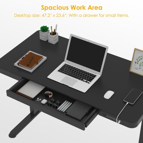 Bureau debout électrique 47x24 po, bureau d'ordinateur assis/debout à hauteur réglable avec tiroir, poteaux USB pour bureau à domicile