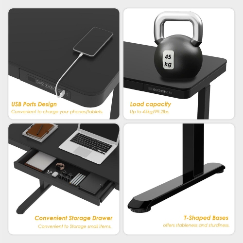 Bureau debout électrique 47x24 po, bureau d'ordinateur assis/debout à hauteur réglable avec tiroir, poteaux USB pour bureau à domicile