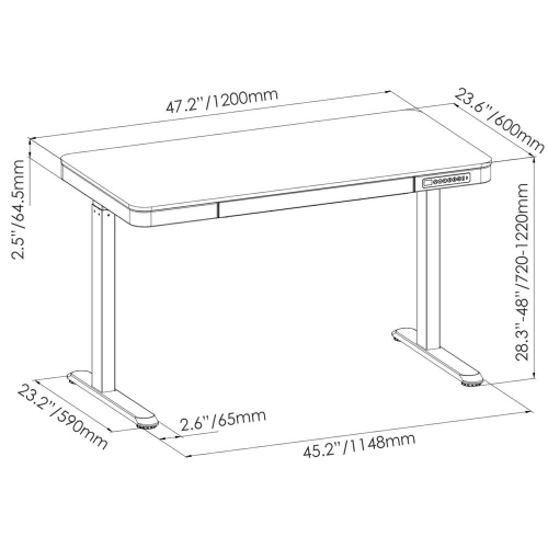 Bureau debout électrique 47x24 po, bureau d'ordinateur assis/debout à hauteur réglable avec tiroir, poteaux USB pour bureau à domicile
