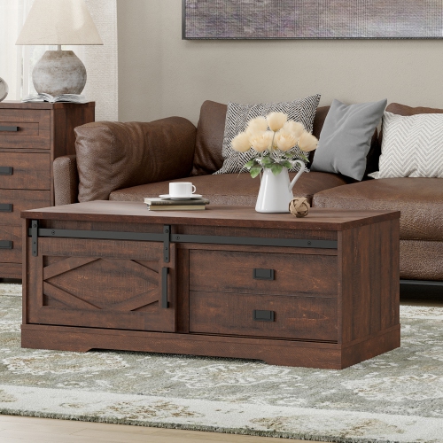 WAMPAT Rectangular Coffee Table with Sliding Barn Door,Rustic Center Table with Hidden Storage Compartment and Drawers for Living Room,Office,Rustic