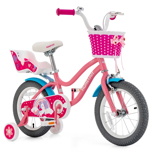 GYMAX  14 Inches Kids Bicycle W/ Doll Chair & Basket Kids Bike W/ Training Wheels In Pink