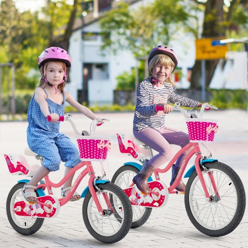 Gymax 18 Inches Kids Bicycle w/ Doll Chair & Basket Kids Bike w/ Training Wheels Pink