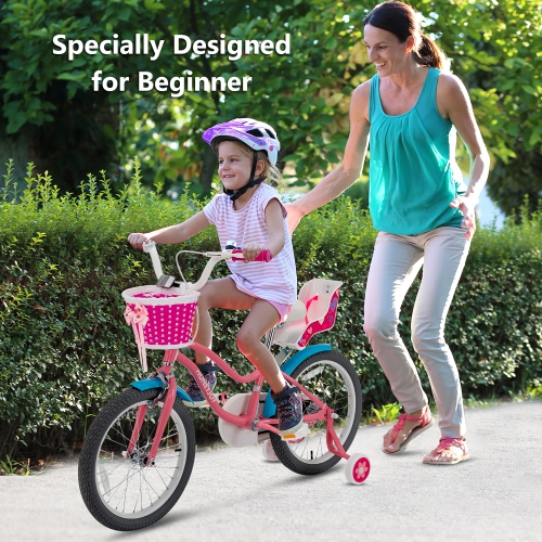 Gymax 18 Inches Kids Bicycle w/ Doll Chair & Basket Kids Bike w/ Training Wheels Pink