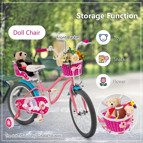Gymax 18 Inches Kids Bicycle w/ Doll Chair & Basket Kids Bike w/ Training Wheels Pink