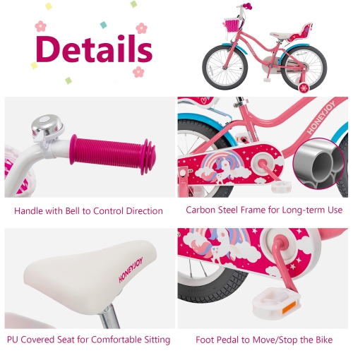 Gymax 18 Inches Kids Bicycle w/ Doll Chair & Basket Kids Bike w/ Training Wheels Pink