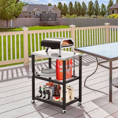 Gymax 3-tier Outdoor Grill Cart on Wheels w/ Stainless Steel Top & Handle 3 Hooks Patio