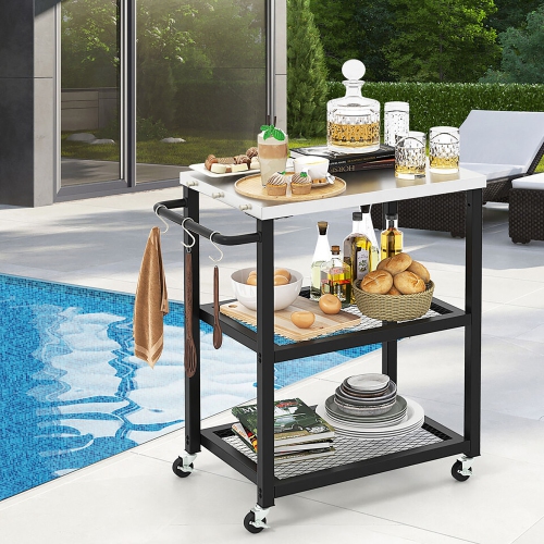 Gymax 3-tier Outdoor Grill Cart on Wheels w/ Stainless Steel Top & Handle 3 Hooks Patio