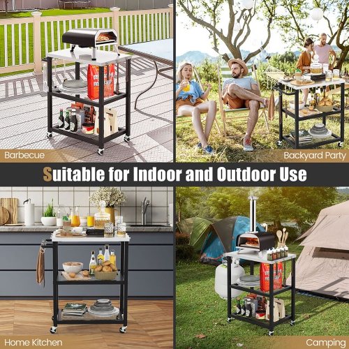 Gymax 3-tier Outdoor Grill Cart on Wheels w/ Stainless Steel Top & Handle 3 Hooks Patio