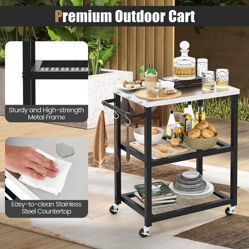 Gymax 3-tier Outdoor Grill Cart on Wheels w/ Stainless Steel Top & Handle 3 Hooks Patio