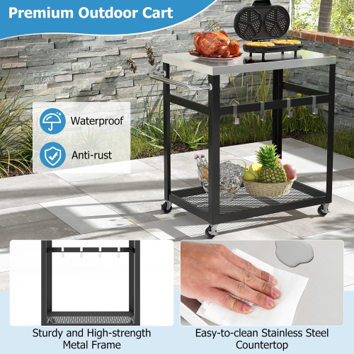 Gymax 2-tier Stainless Steel Grill Cart w/ Wheels & Handle 4 Hooks Food Prepare Table