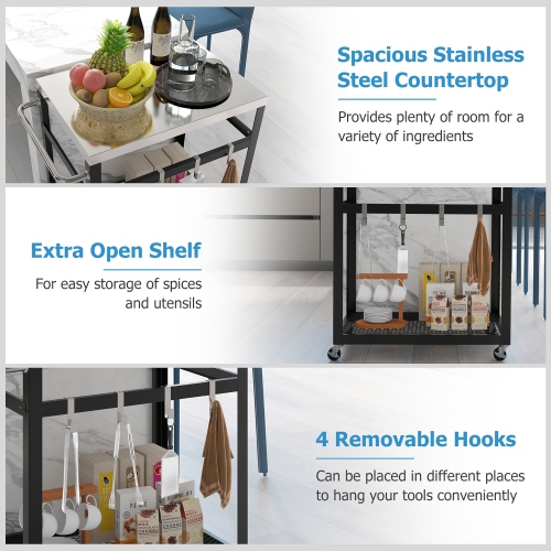 Gymax 2-tier Stainless Steel Grill Cart w/ Wheels & Handle 4 Hooks Food Prepare Table
