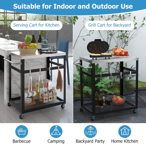 Gymax 2-tier Stainless Steel Grill Cart w/ Wheels & Handle 4 Hooks Food Prepare Table