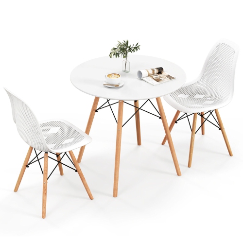 GYMAX  3 PCs Dining Table Set for 2 Persons Modern Round Table & 2 Chairs W/ Wood Leg In White