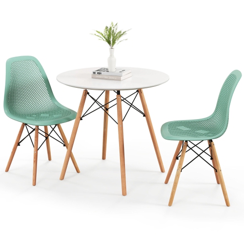 GYMAX  3 PCs Dining Table Set for 2 Persons Modern Round Table & 2 Chairs W/ Wood Leg White & In Green