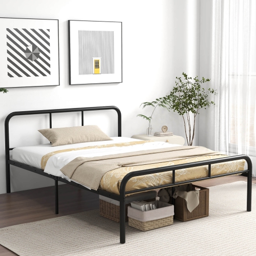 GYMAX  Full Size Bed Frame Metal Platform Bed Base W/ Headboard & Footboard In Black