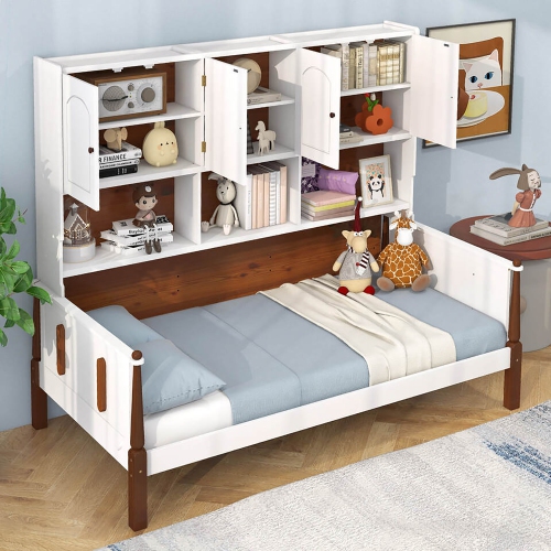 GYMAX  Twin Daybed W/ Bookcase Wooden Platform Bed W/ Shelves & Cabinets & Brown In White