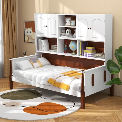 Gymax Twin Daybed w/ Bookcase Wooden Platform Bed w/ Shelves & Cabinets White & Brown