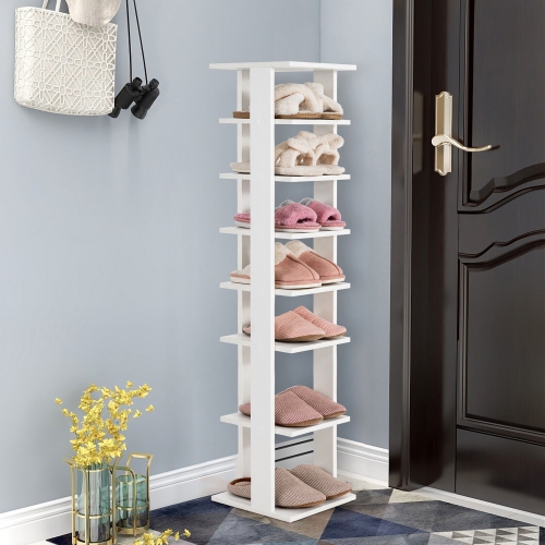 Gymax 7-Tier Wooden Shoe Rack Narrow Vertical Shoe Stand Storage Display Shelf White