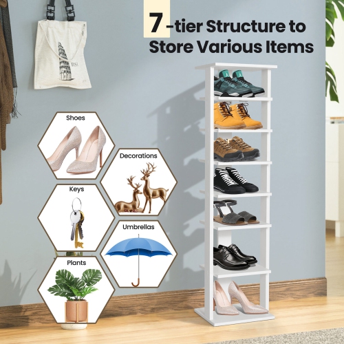 Gymax 7-Tier Wooden Shoe Rack Narrow Vertical Shoe Stand Storage Display Shelf White