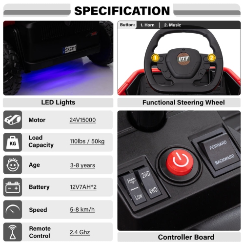 6 Wheel UTV 24V Ride on Car with Remote Control, 4WD, EVA Tires