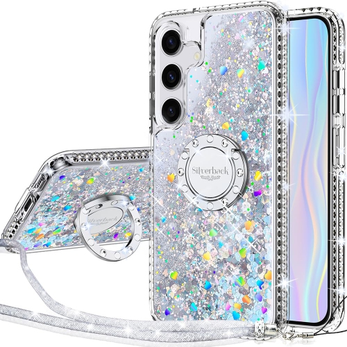 HLD Samsung Galaxy S24 Case With Ring, Women Girls Bling Holographic Sparkle Glitter Cute Cover Ring Protective Phone Case for Galaxy S24 - Clear Silver