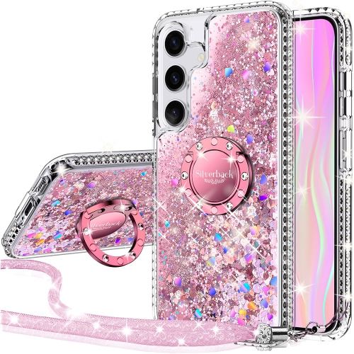 HLD Samsung Galaxy S24 Case With Ring, Women Girls Bling Holographic Sparkle Glitter Cute Cover Ring Protective Phone Case for Galaxy S24 - Pink